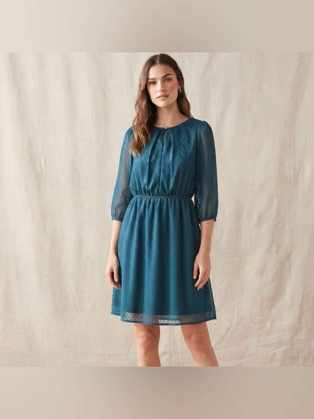 Everly Teal Textured Dress Semi Sheer Sleeves Knee Length Size L